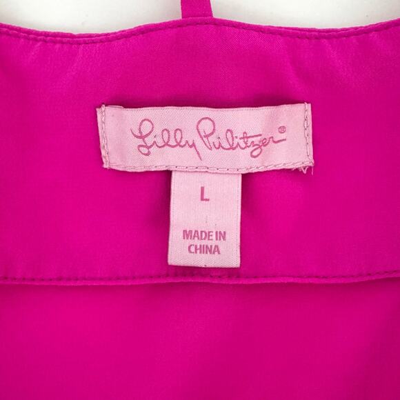 Lilly Pulitzer Leslie Silk Top Blouse Raz Berry Hot Pink Strappy Cutout Back L - Picture 9 of 14